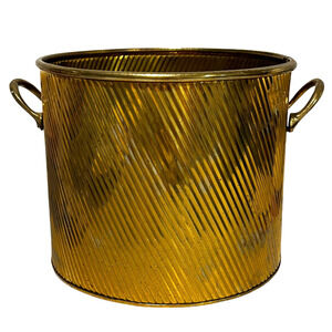 Brass planter 1980’s made in India side handles swirl texture with wear 11” tall